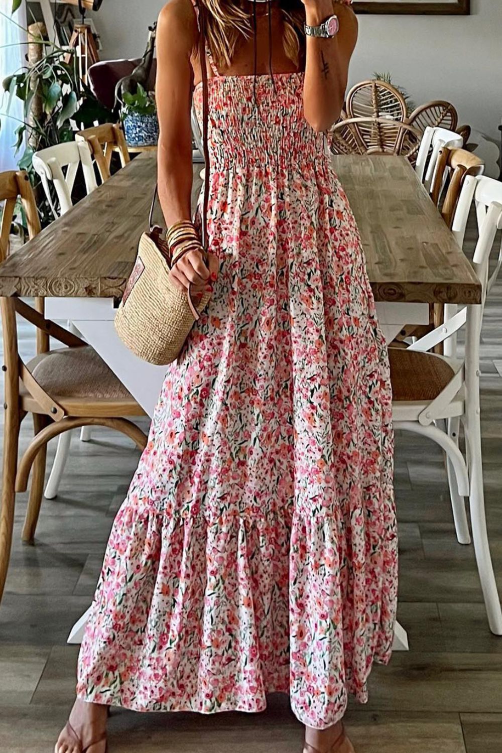 Smocked Floral Thin Strap Dress