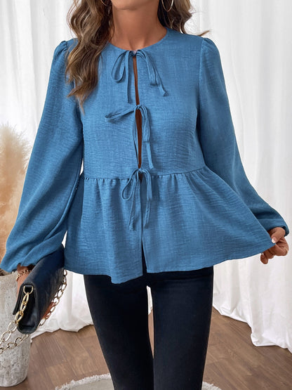 Peplum Tie Neck Balloon Sleeve Cardigan Blouse