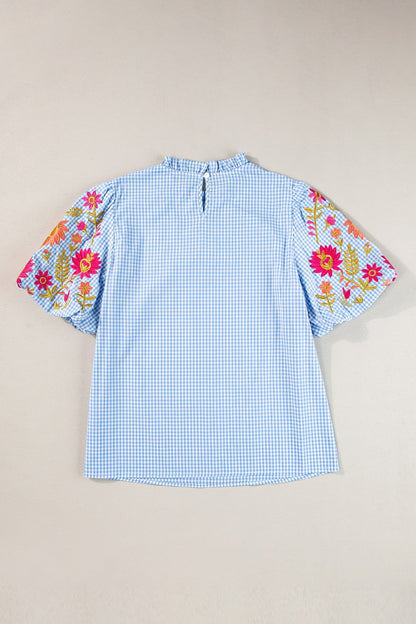 Embroidered Balloon Sleeve Frilled Blouse