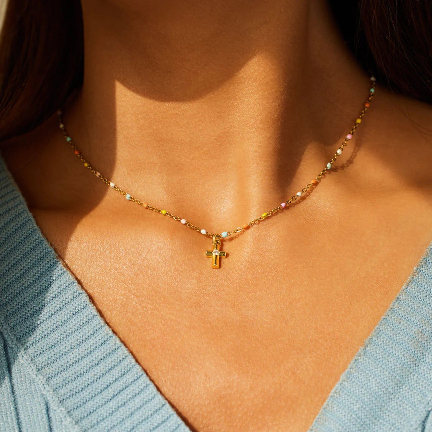 Zircon 18K Gold-Plated Cross Bead Necklace