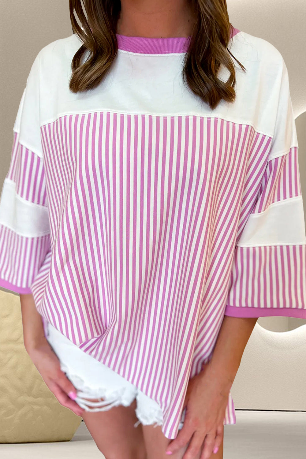 Striped Round Neck Three-Quarter Sleeve Tee