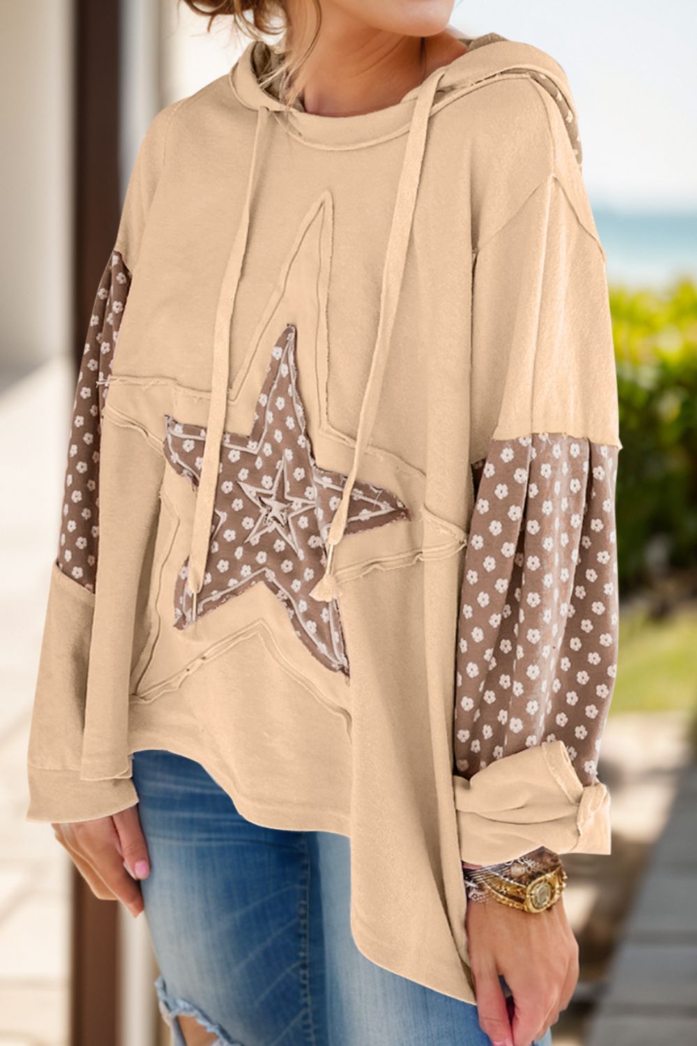 Drawstring Star Patchwork Long Sleeve Hoodie