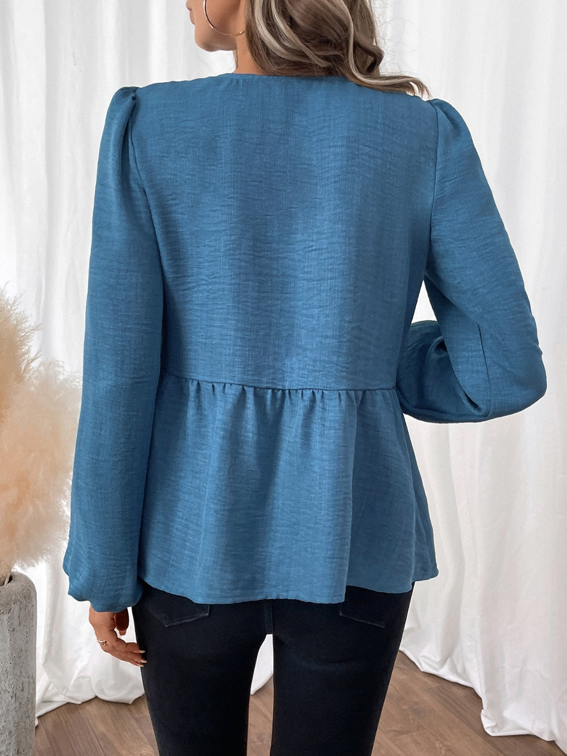 Peplum Tie Neck Balloon Sleeve Cardigan Blouse