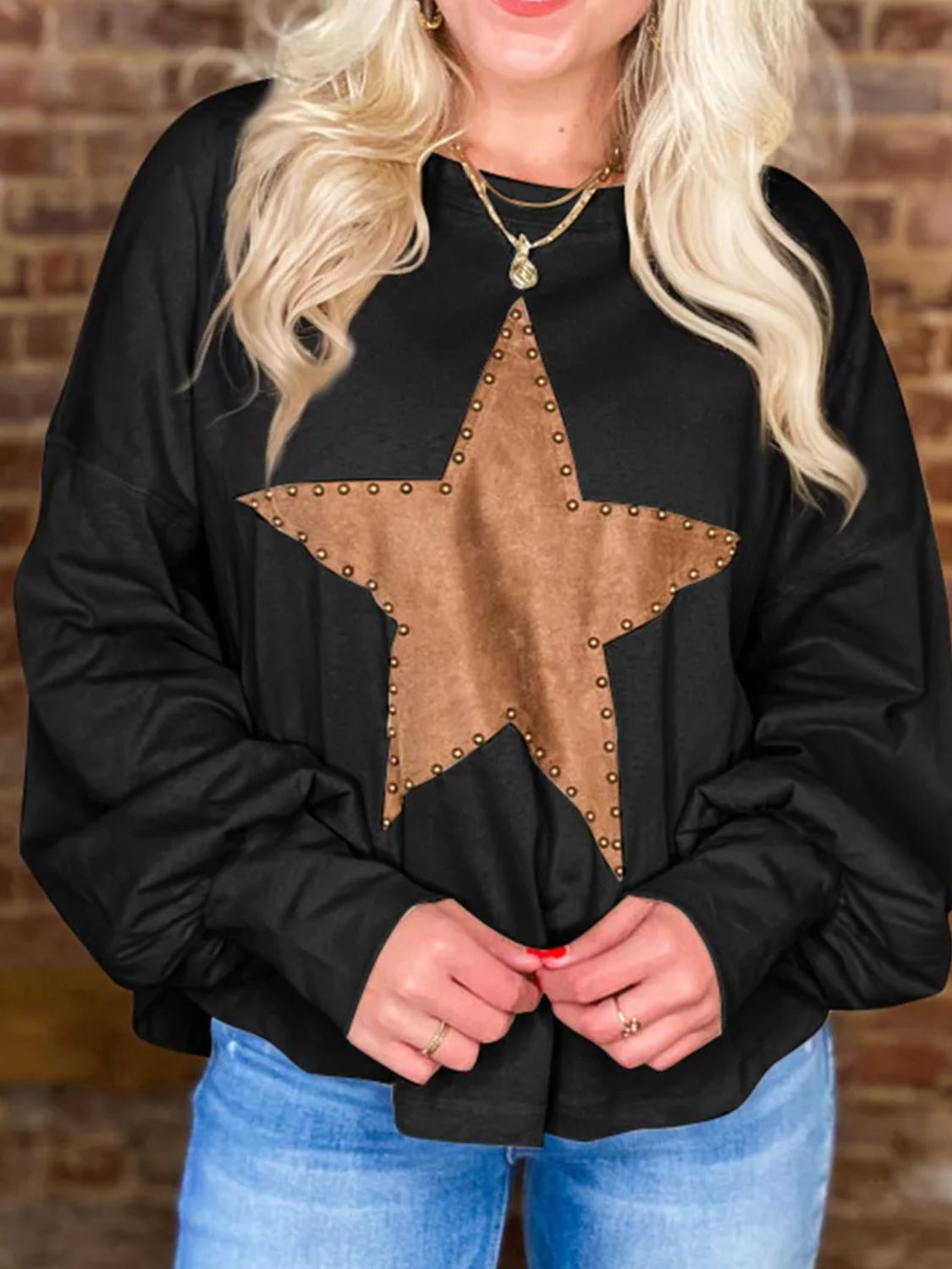 Embellished Star Round Neck Long Sleeve Blouse