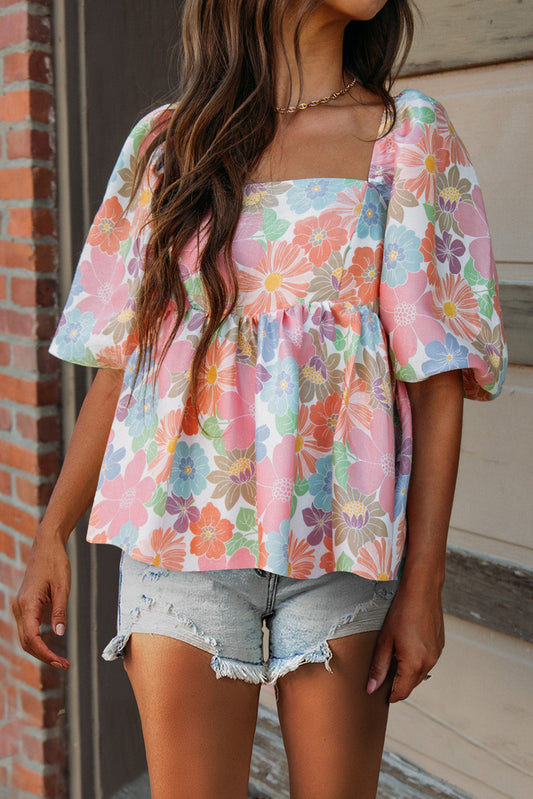 Floral Square Neck Half Sleeve Blouse