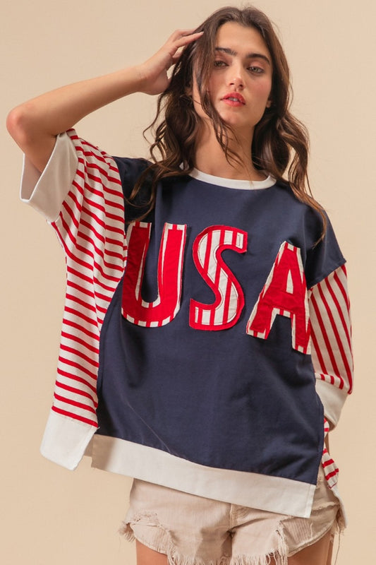 USA Letter Patchwork Short Sleeve Tee