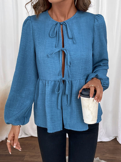 Peplum Tie Neck Balloon Sleeve Cardigan Blouse