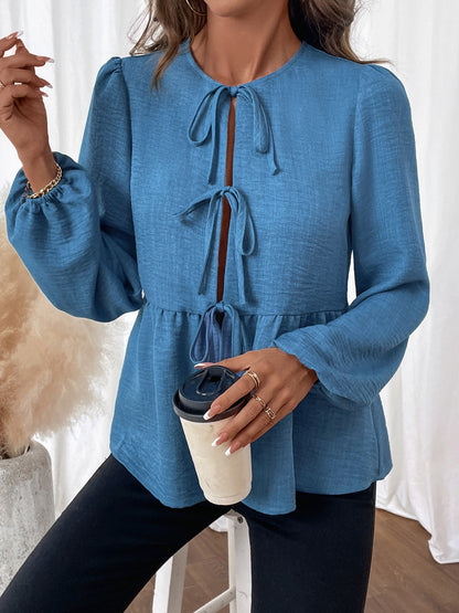 Peplum Tie Neck Balloon Sleeve Cardigan Blouse