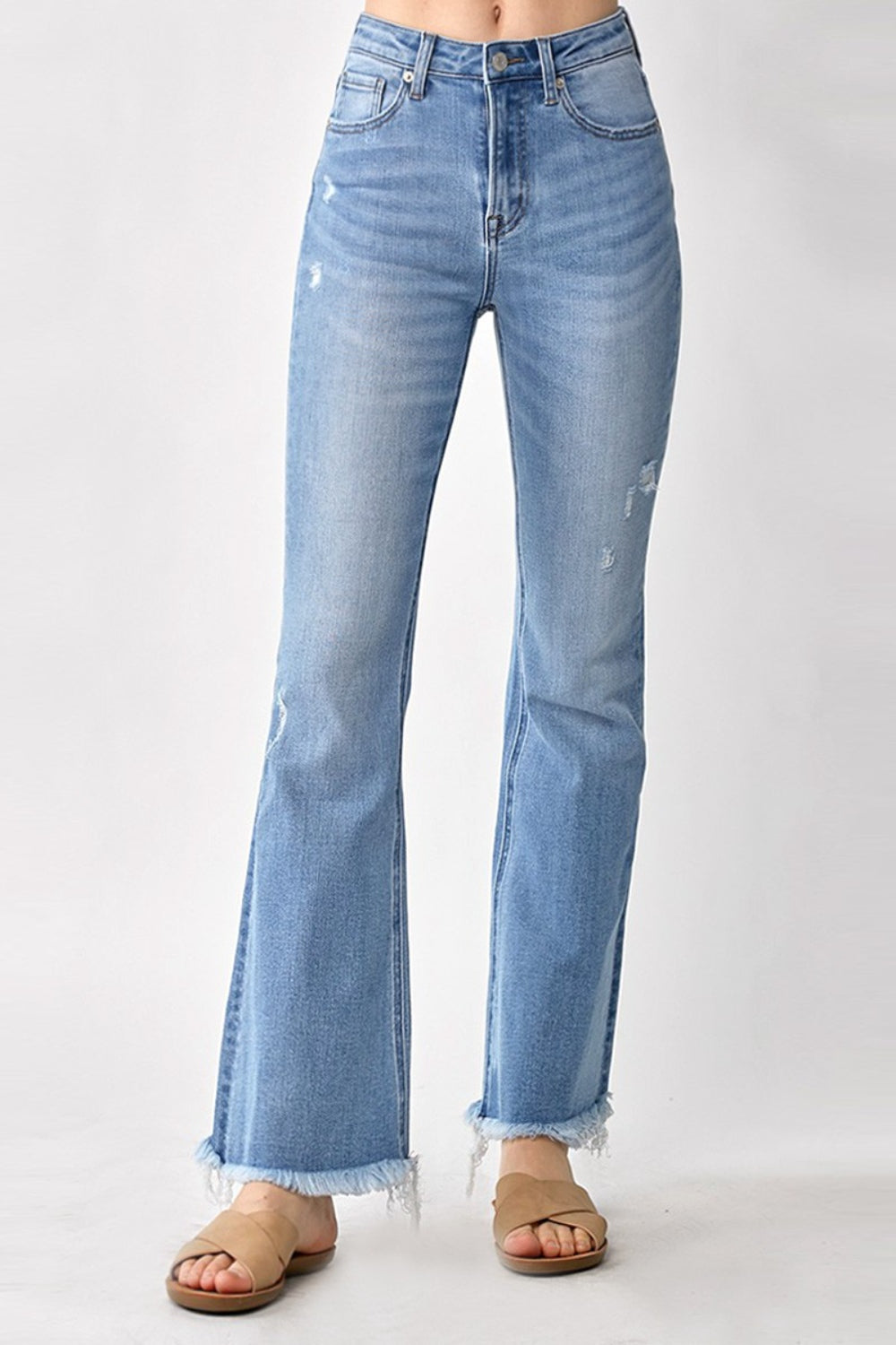 High Rise Frayed Hem Bootcut Jeans