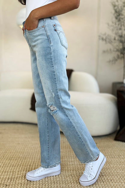 High Waist Distressed Straight Jeans