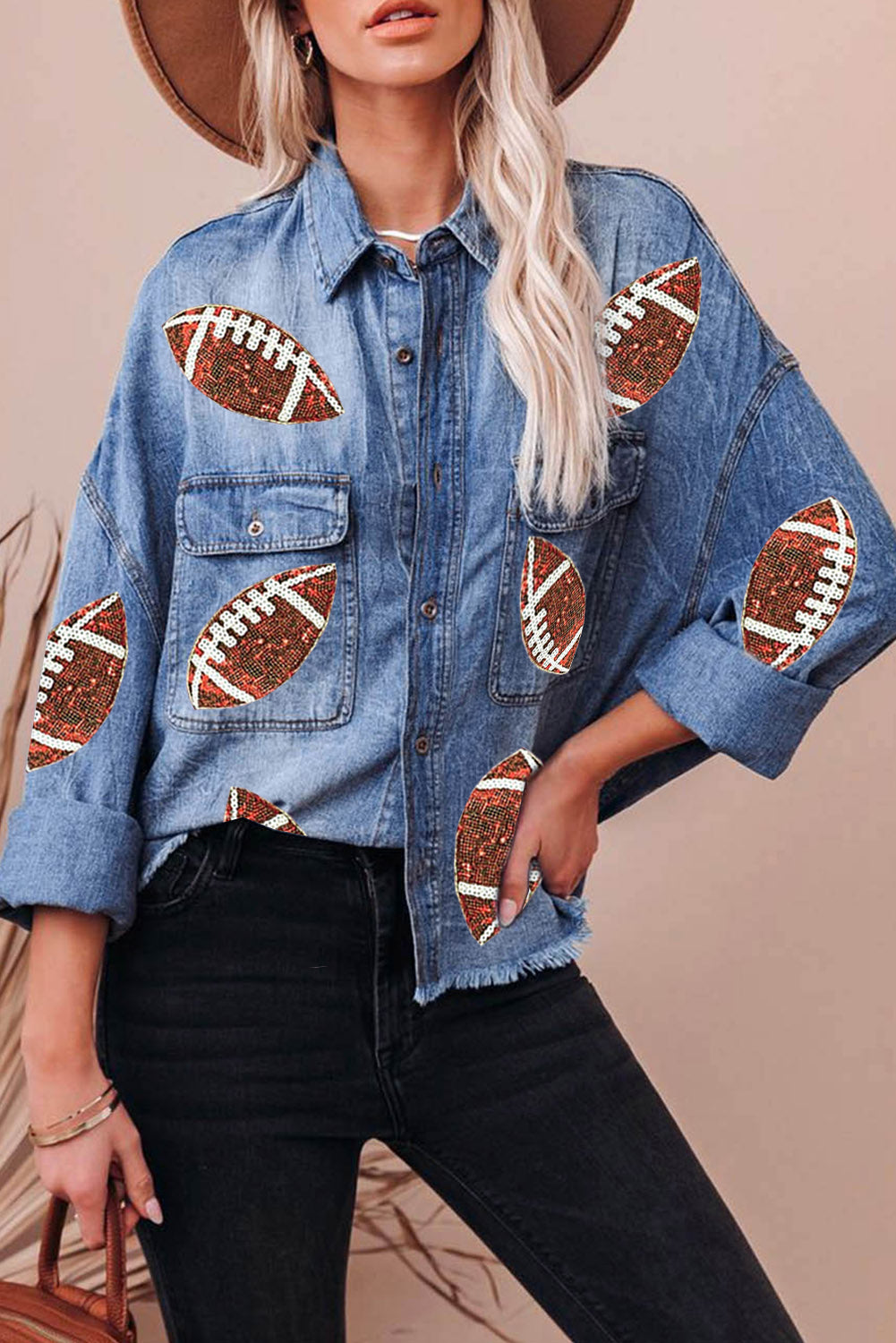 Raw Hem Sequin Football Denim Jacket