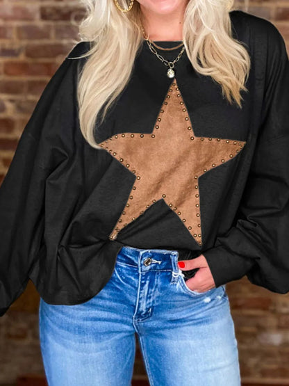 Embellished Star Round Neck Long Sleeve Blouse