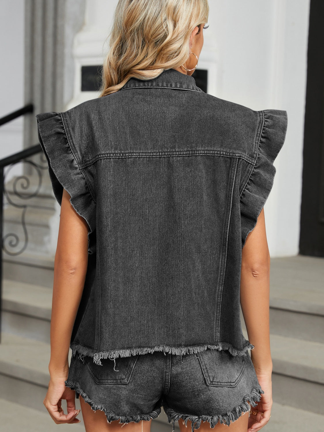 Ruffled Short Sleeve Denim Jacket