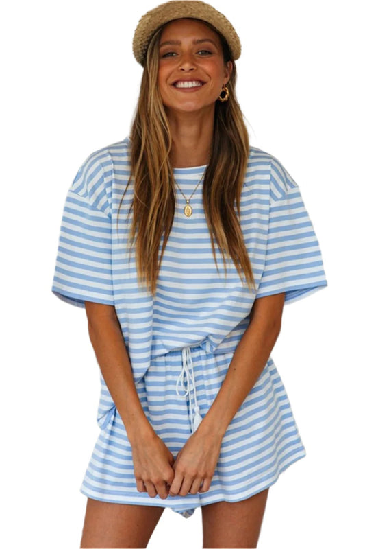 Striped Round Neck Top and Shorts Set