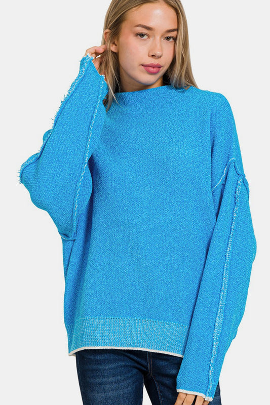 Exposed Seam Mock Neck Long Sleeve Sweater