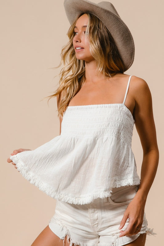 Fringed Hem Smocked Babydoll Cami