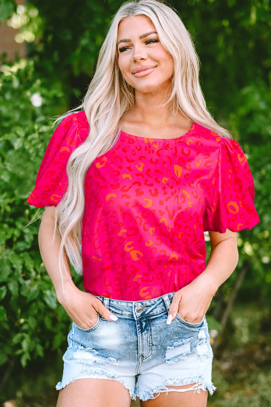 Leopard Puffy Short Sleeve Blouse