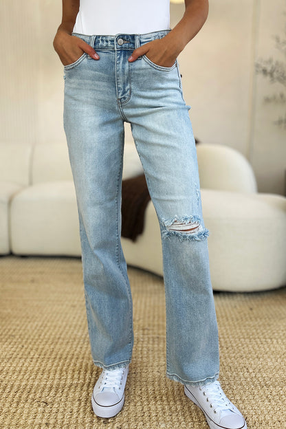 High Waist Distressed Straight Jeans