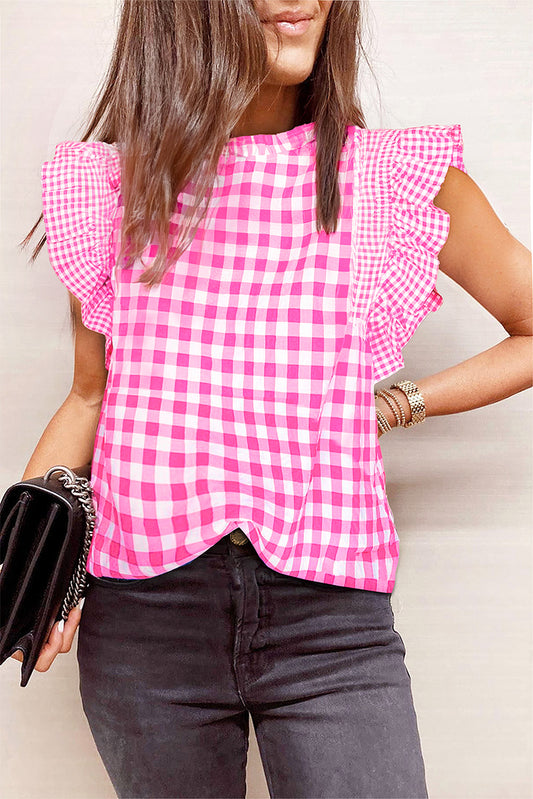 Ruffled Plaid Mock Neck Blouse