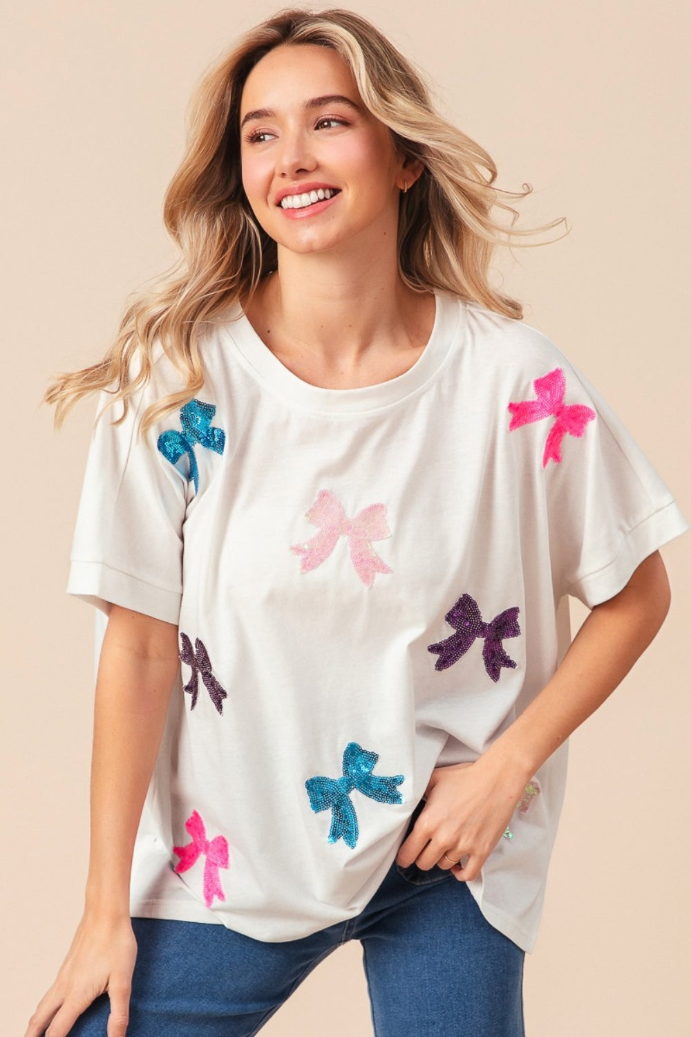 Sequin Bow Patch Short Sleeve Tee