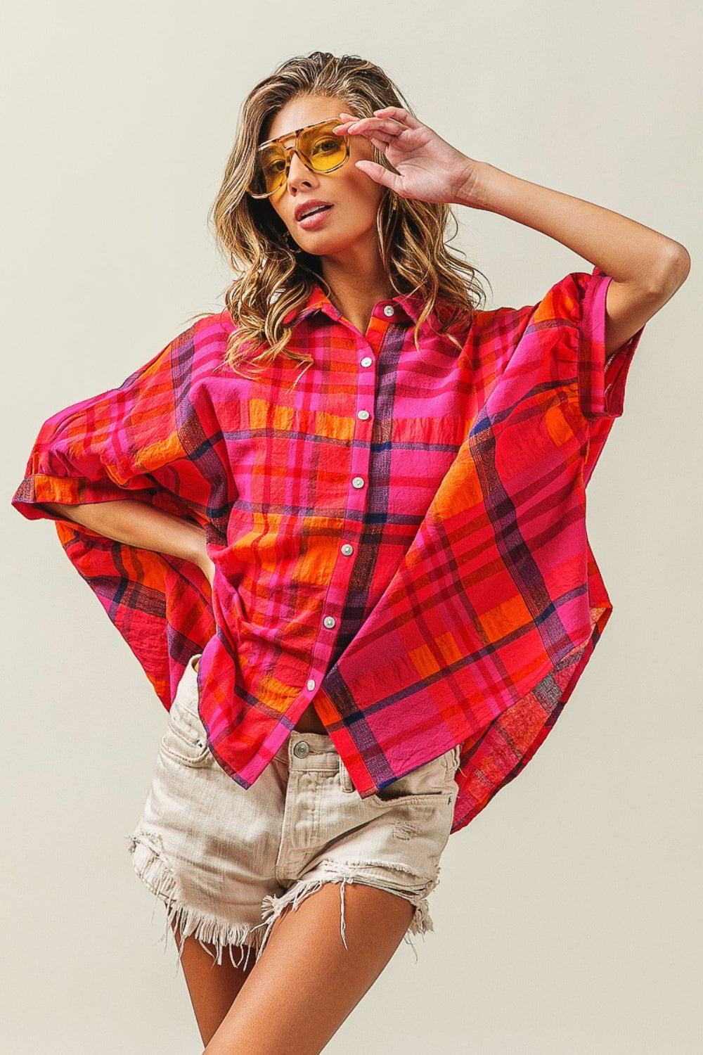 Button Up Dolman Sleeve Plaid Shirt