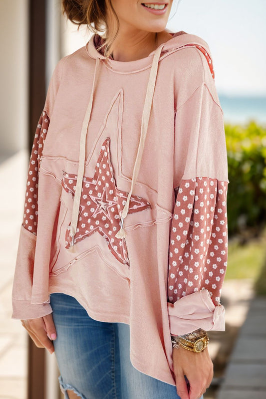 Drawstring Star Patchwork Long Sleeve Hoodie