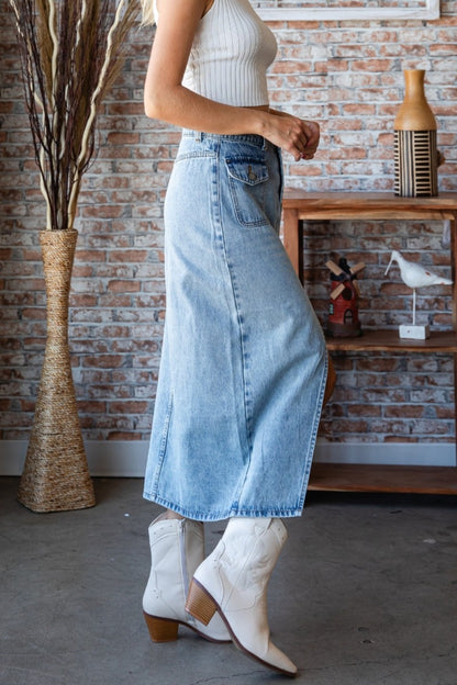 Slit Mid Rise Waist Denim Skirt