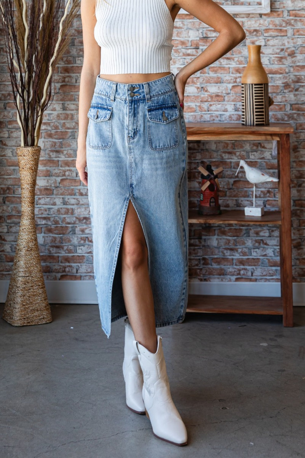 Slit Mid Rise Waist Denim Skirt