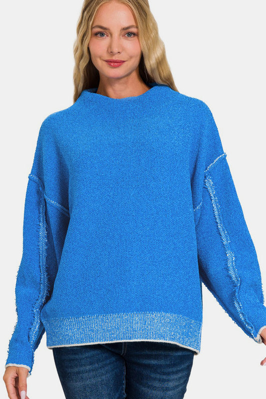 Exposed Seam Mock Neck Long Sleeve Sweater