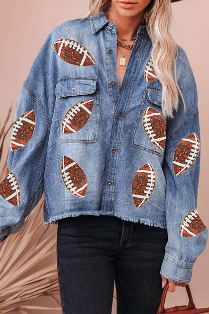 Raw Hem Sequin Football Denim Jacket