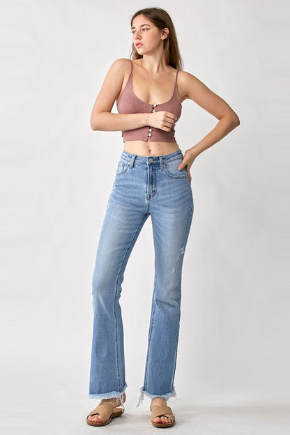 High Rise Frayed Hem Bootcut Jeans