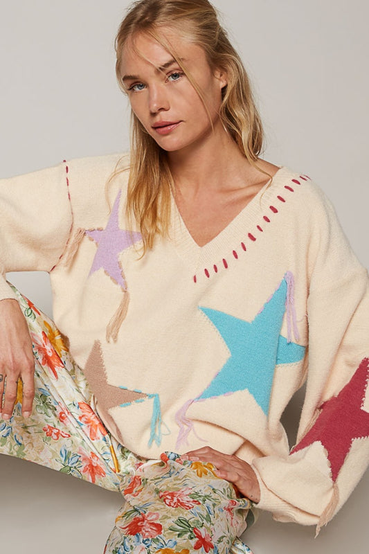 Playful Long Sleeve Star Fringe Sweater