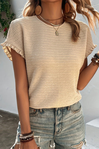 Frill Round Neck Short Sleeve Blouse Tee