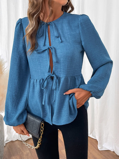 Peplum Tie Neck Balloon Sleeve Cardigan Blouse