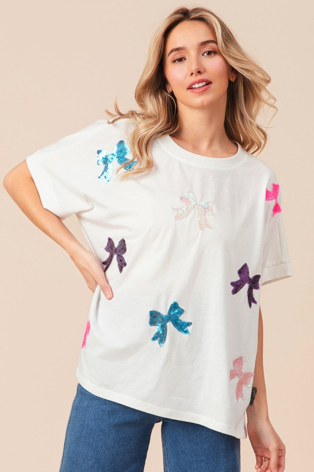 Sequin Bow Patch Short Sleeve Tee