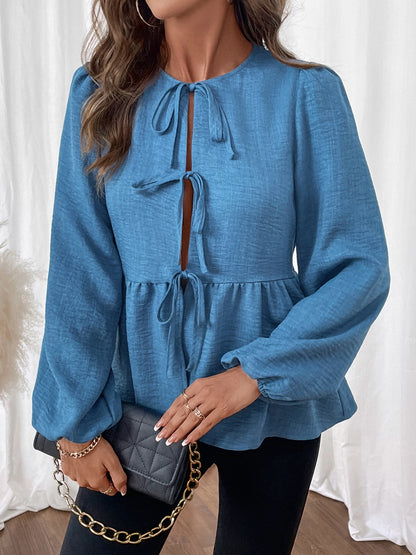 Peplum Tie Neck Balloon Sleeve Cardigan Blouse