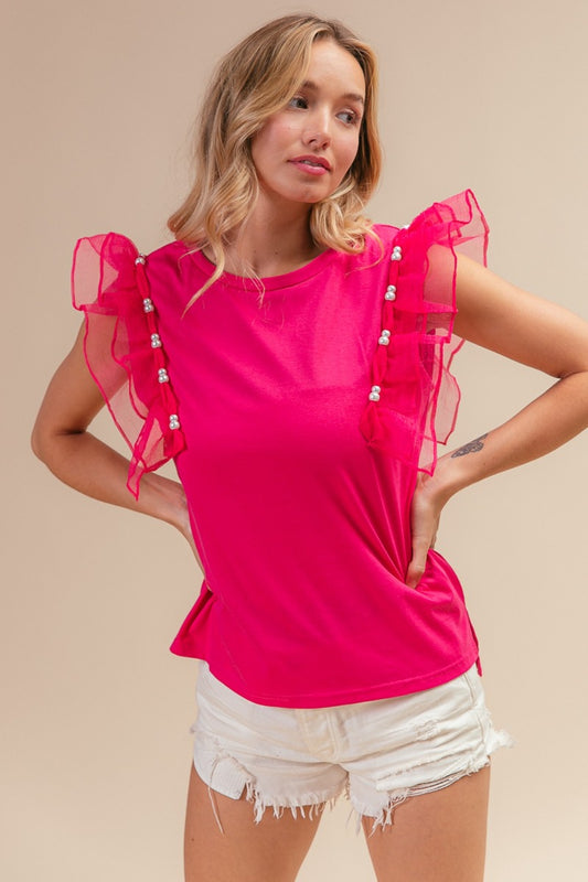 Pearl Accented Mesh Ruffle Sleeve Top