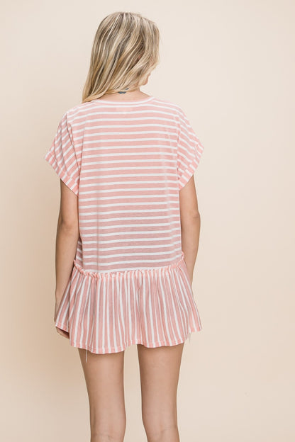 Cotton Striped Ruffled Short Sleeve Top