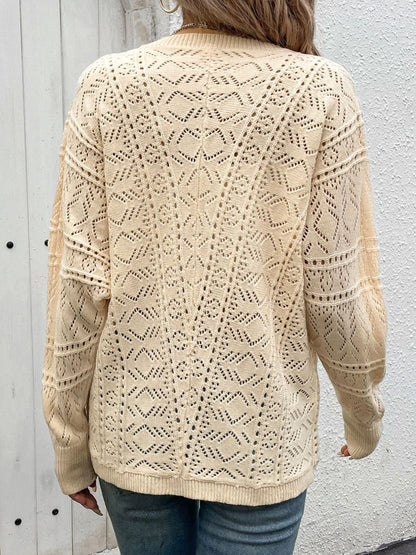 Openwork Button Up Long Sleeve Cardigan