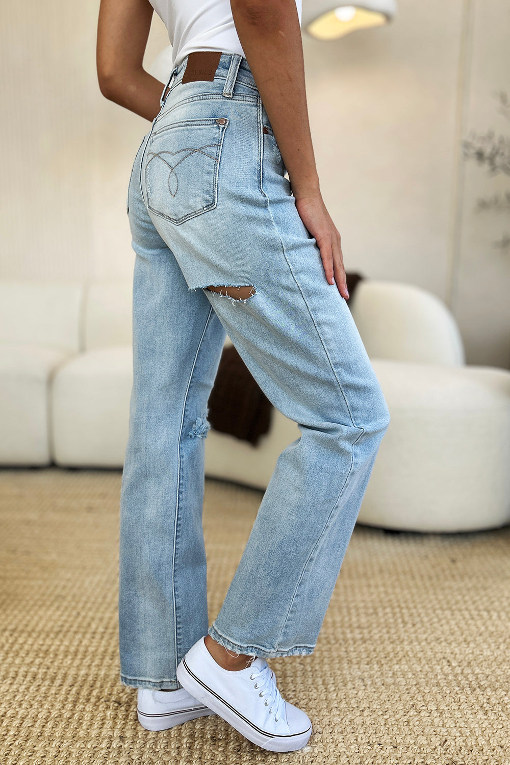 High Waist Distressed Straight Jeans