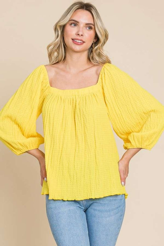 Textured Square Neck Puff Sleeve Blouse