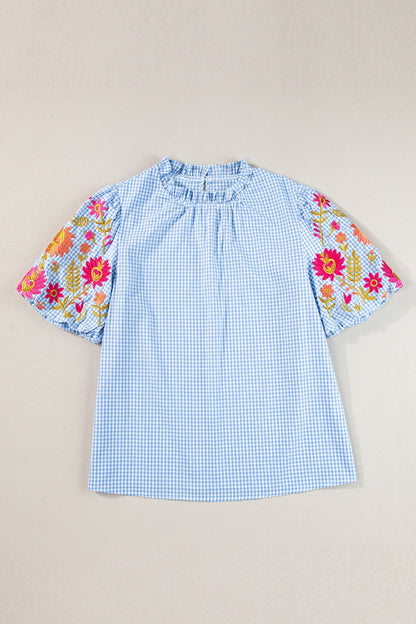 Embroidered Balloon Sleeve Frilled Blouse