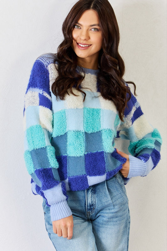 Textured Checker Long Sleeve Sweater