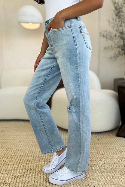 High Waist Distressed Straight Jeans