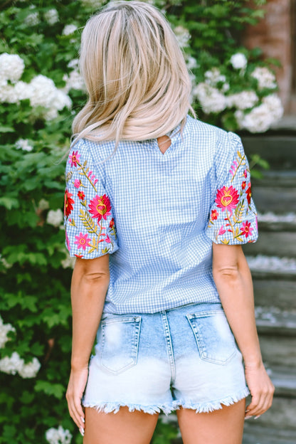 Embroidered Balloon Sleeve Frilled Blouse