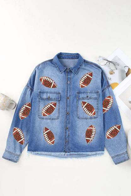 Raw Hem Sequin Football Denim Jacket