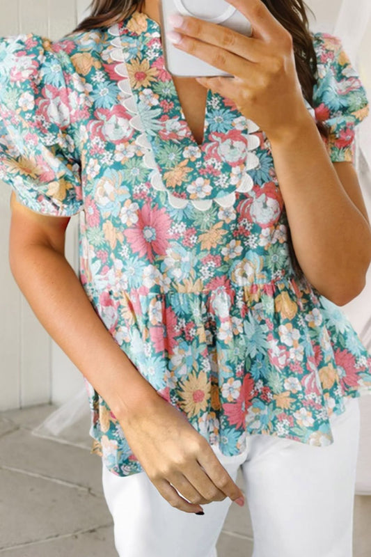 Notched Floral Short Sleeve Blouse