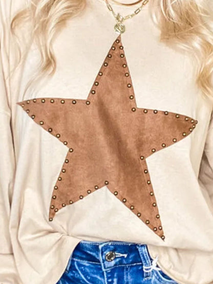 Embellished Star Round Neck Long Sleeve Blouse