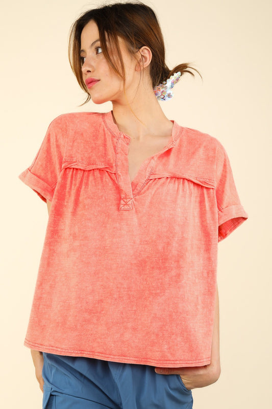 Notched Short Sleeve Washed T-Shirt